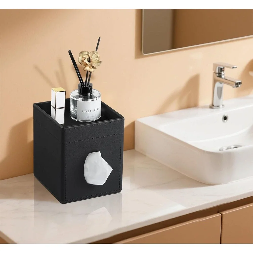 Black Faux Leather Tissue Box Cover Vanity Organizer Tray Cube Side Dispenser